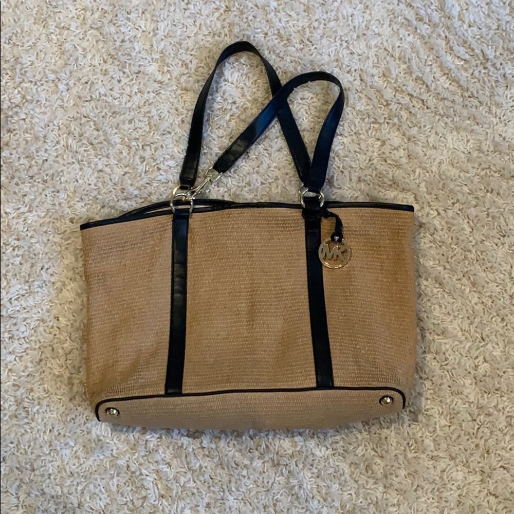 Michael Korda Straw Bag with Black Leather Trim
